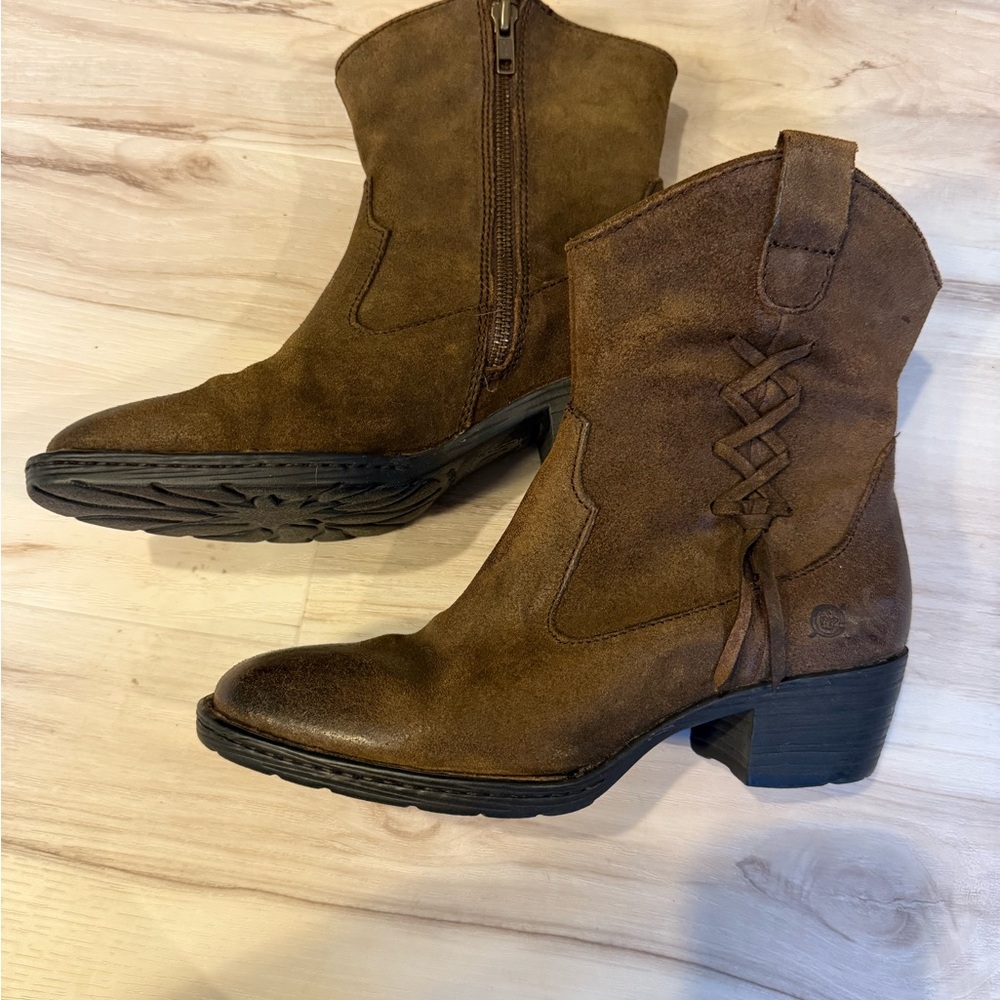 Born Tan Heeled Boots with Braided Accent